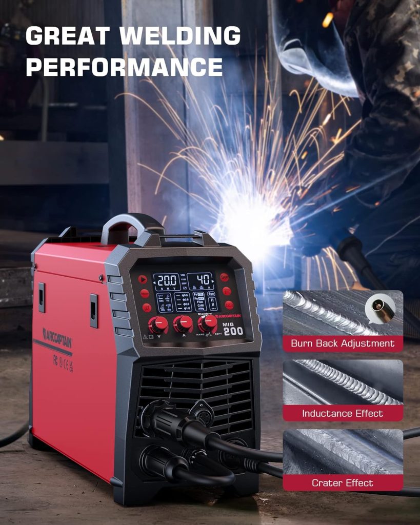 ARCCAPTAIN MIG MAG soldadora de 200A, 7 en 1 soldadora de sinergia completa FLUX alambre tubular/MAG/MIG soldadora de gas de protección/MMA/TIG Lift compatible/Soporte de pistola Spool