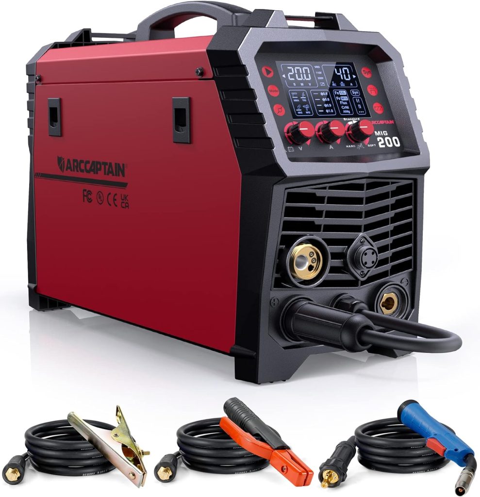 ARCCAPTAIN MIG MAG soldadora de 200A, 7 en 1 soldadora de sinergia completa FLUX alambre tubular/MAG/MIG soldadora de gas de protección/MMA/TIG Lift compatible/Soporte de pistola Spool
