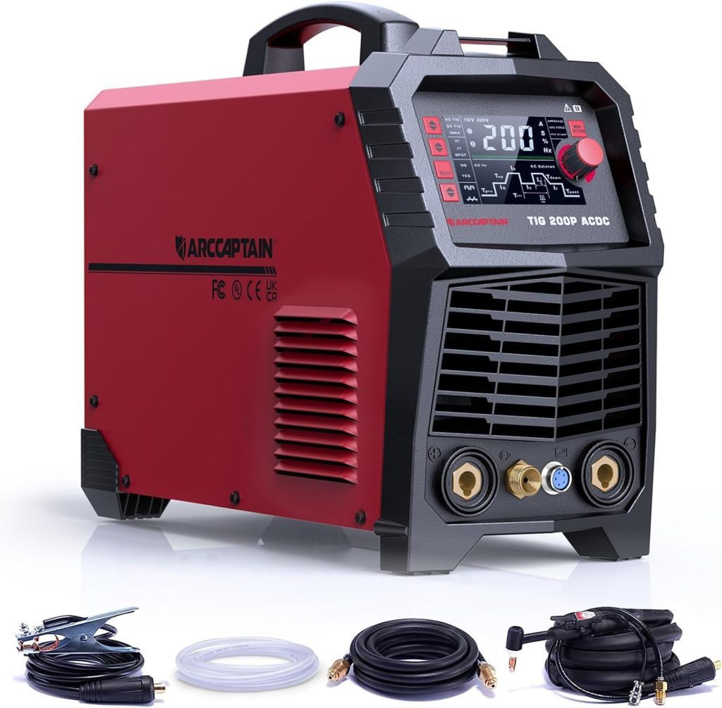 ARCCAPTAIN Soldador TIG AC/DC 200Amp con Pulso, Soldador TIG de Aluminio 110V/220V Soldador TIG con Onda Cuadrada/Triangular/Stick/MMA/Spot MultiProceso Máquina de soldar DASH-ARC