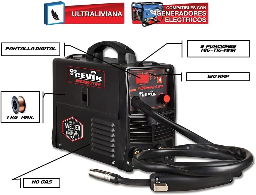 CEVIK PRO - Soldador Inverter Multifunción CE-PROMIG130 130Amp - MMA, MIG Sin Gas, TIG Lift - Panel Sencillo de Regulación
