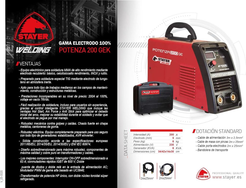 Equipo de soldadura Inverter Profesional MMA Electrodo POTENZA 200 K (incluye maletín)