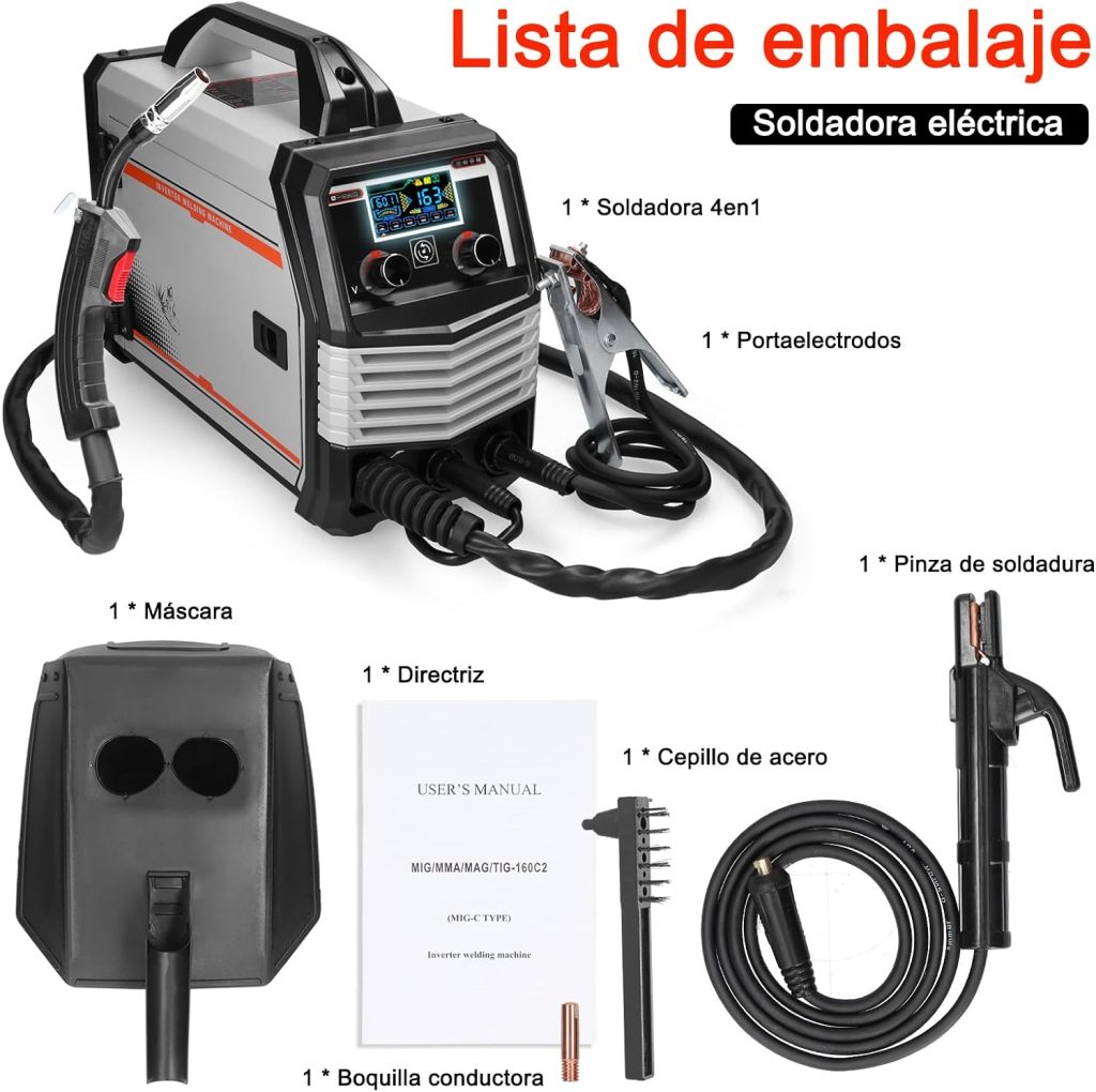 Hancaner Soldadora 4 en 1 MIG MMA MAG TIG-160C Máquina de soldadura eléctrica portátil multipropósito Pantalla LCD 120A Soldadoras inteligentes de gran corriente