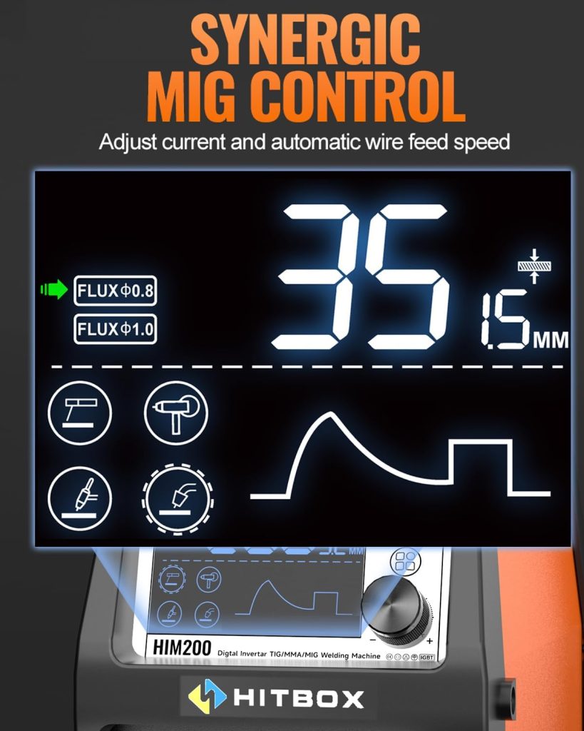 HITBOX 4 en 1 Soldador Hilo Continuo Sin Gas 140A 230V Digital Portátil Soldadora MIG ARC LIFT TIG Spool Gun con Pantalla LED Ultraclara, Ideal para Soldadores Principiantes