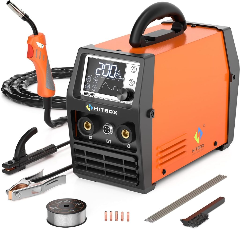 HITBOX 4 en 1 Soldador Hilo Continuo Sin Gas 140A 230V Digital Portátil Soldadora MIG ARC LIFT TIG Spool Gun con Pantalla LED Ultraclara, Ideal para Soldadores Principiantes