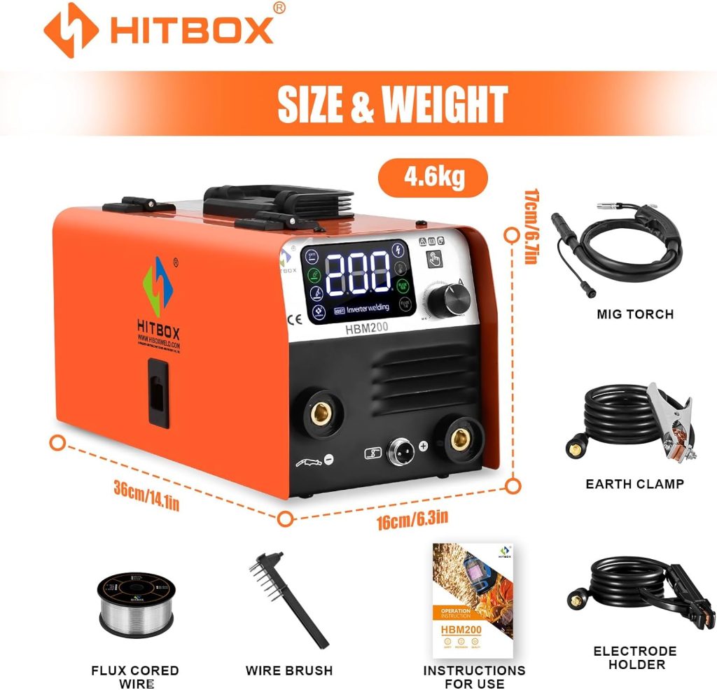 HITBOX HBM200 Compacto 3 en 1 Soldador de Hilo Sin Gas Portátil Pantalla LCD Digital Máquina de Soldador MIG con 200A Soldador MMA