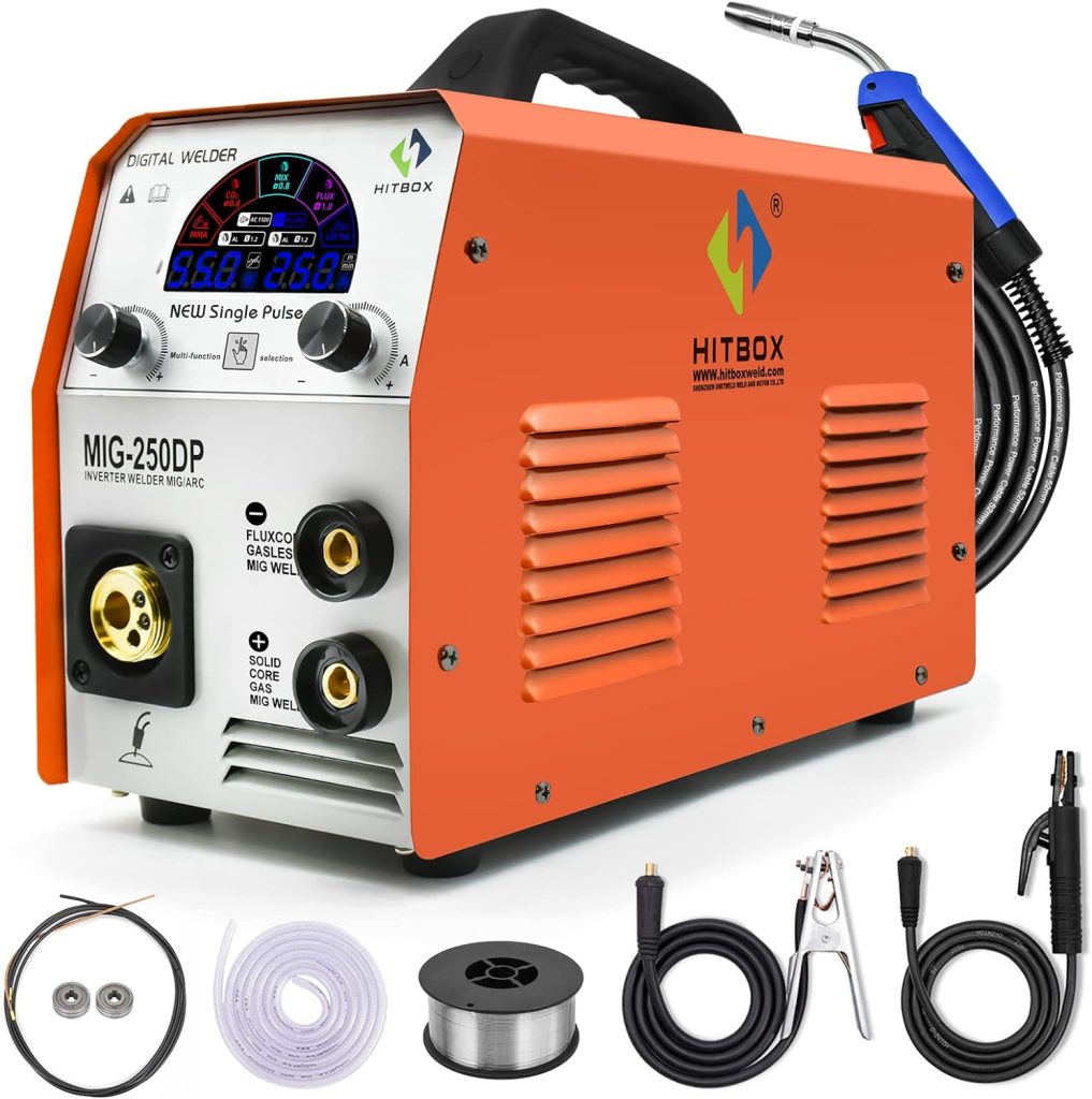 HITBOX MIG250DP 5 en 1 Maquina de Soldar MIG Continuo Multiproceso Portátil Monopulso Soldador a Hilo con Inversor IGBT 250A 230V MIG TIG ARC, Pantalla a Color, Aluminio Soldado