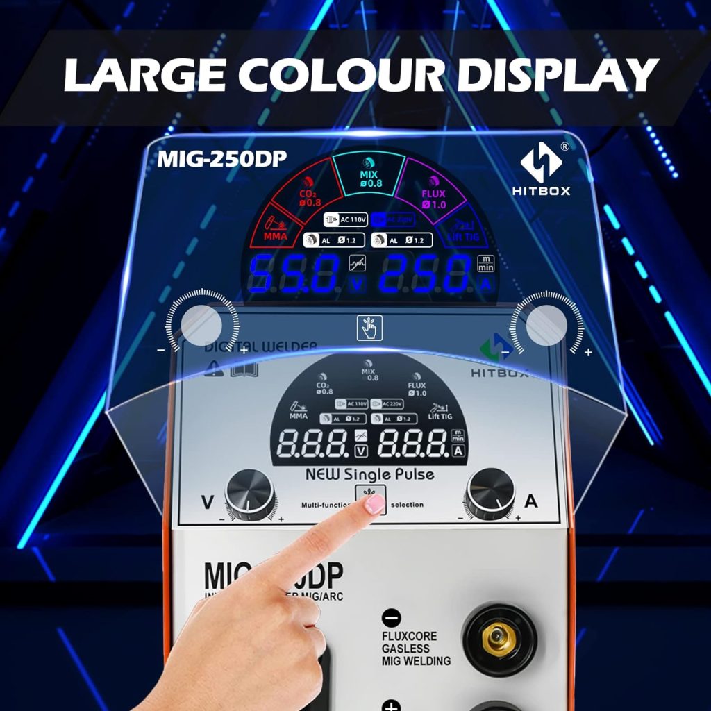 HITBOX MIG250DP 5 en 1 Maquina de Soldar MIG Continuo Multiproceso Portátil Monopulso Soldador a Hilo con Inversor IGBT 250A 230V MIG TIG ARC, Pantalla a Color, Aluminio Soldado