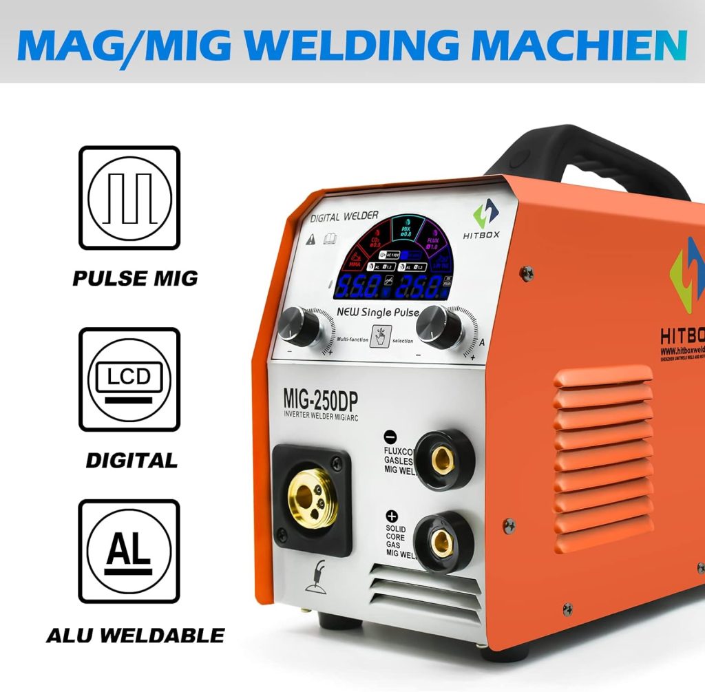 HITBOX MIG250DP 5 en 1 Maquina de Soldar MIG Continuo Multiproceso Portátil Monopulso Soldador a Hilo con Inversor IGBT 250A 230V MIG TIG ARC, Pantalla a Color, Aluminio Soldado
