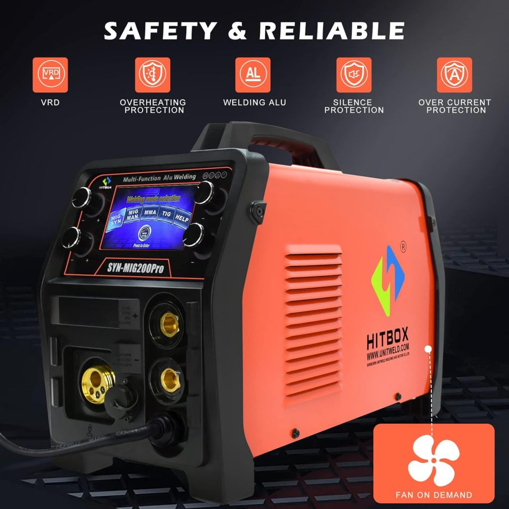 HITBOX Synergy Soldadora MIG MAG - 200A 230V LCD 5 en 1 Máquina de Soldadura de Alambre Tubular con Parámetros preprogramados, Soldadora de Hilo portátil de Soldadura Aluminio