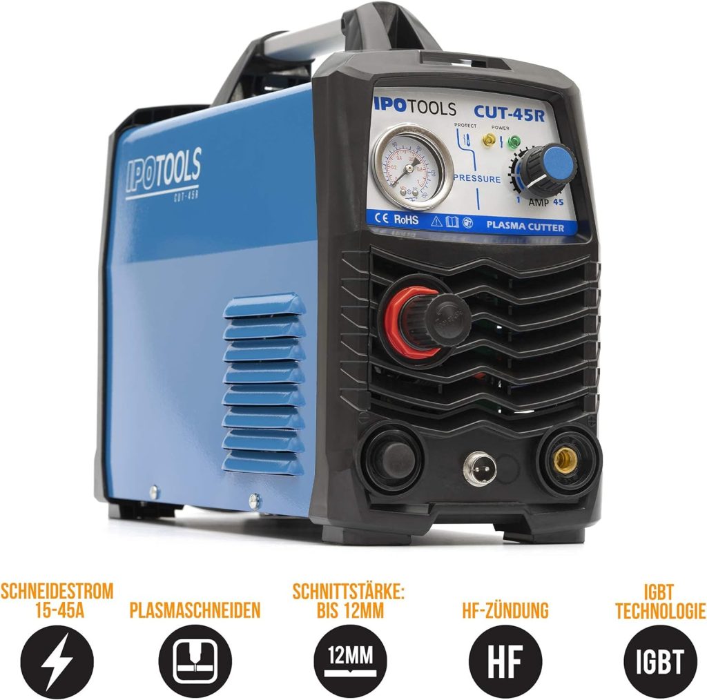 IPOTOOLS Cortador de plasma CUT-45R – Máquina de corte por plasma 45 A hasta 12 mm de potencia de corte inversor soldadora de plasma con encendido IGBT/HF / Azul / 230 V / 7 años de garantía