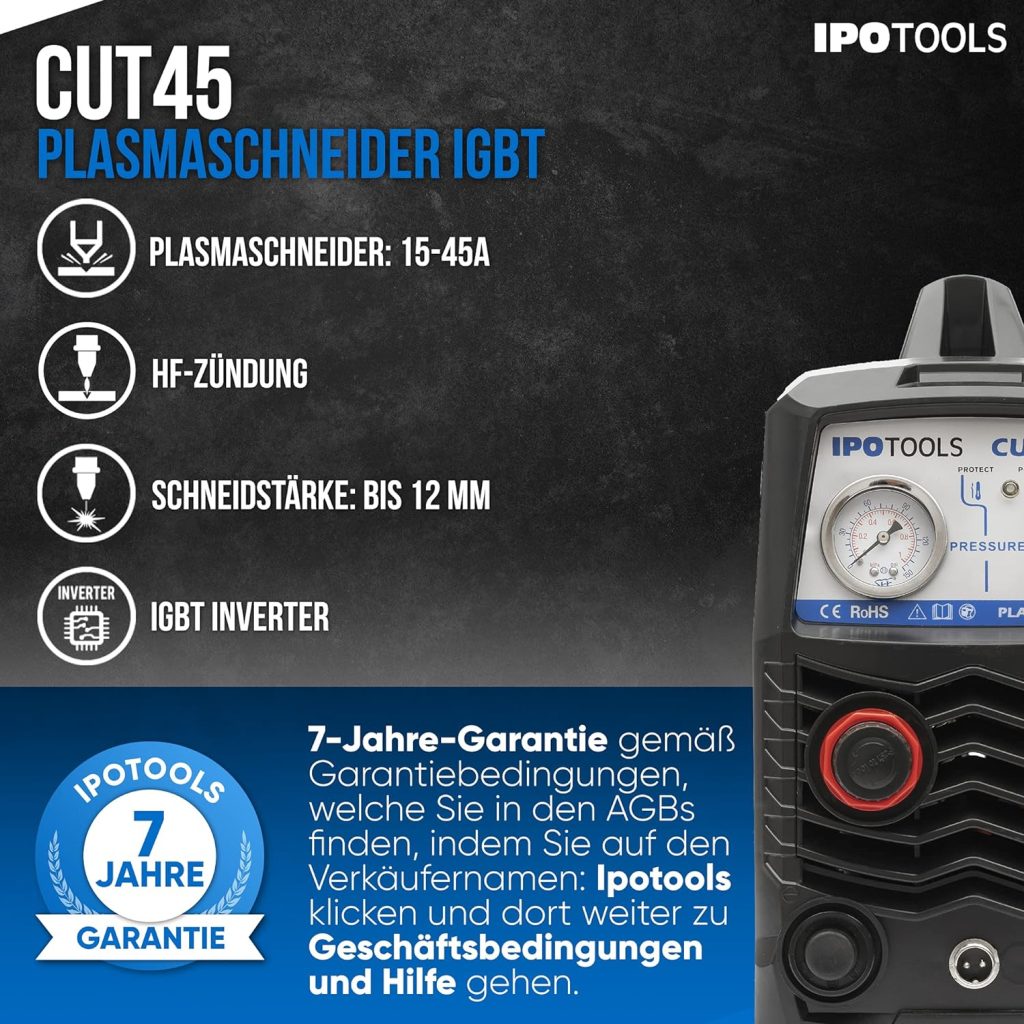 IPOTOOLS Cortador de plasma CUT-45R – Máquina de corte por plasma 45 A hasta 12 mm de potencia de corte inversor soldadora de plasma con encendido IGBT/HF / Azul / 230 V / 7 años de garantía