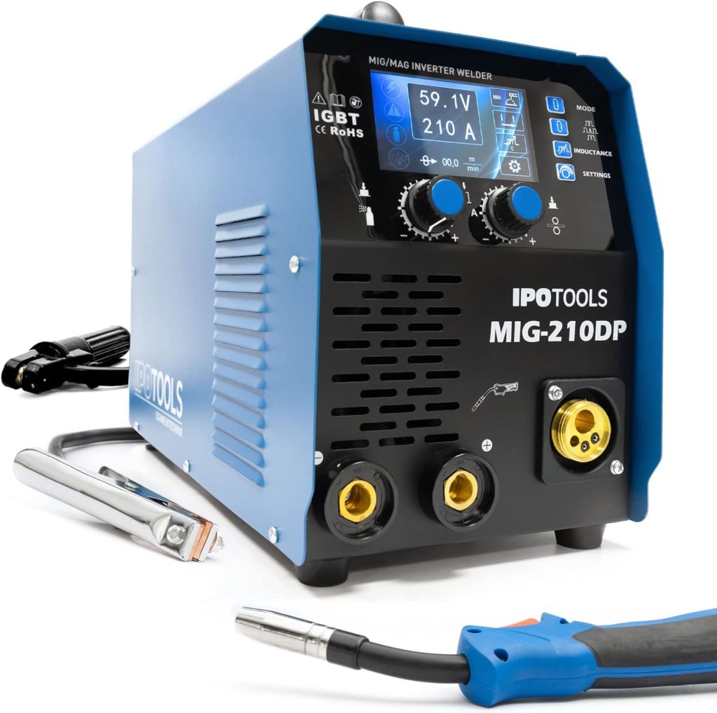 IPOTOOLS MIG-210DP Synergy Double Pulse MIG MAG Welder - Soldador inverter profesional LCD con 210A 230V IGBT, 3 en 1 MIG Flux MMA Electrodes, Máquina de soldar portátil, 7 años de garantía