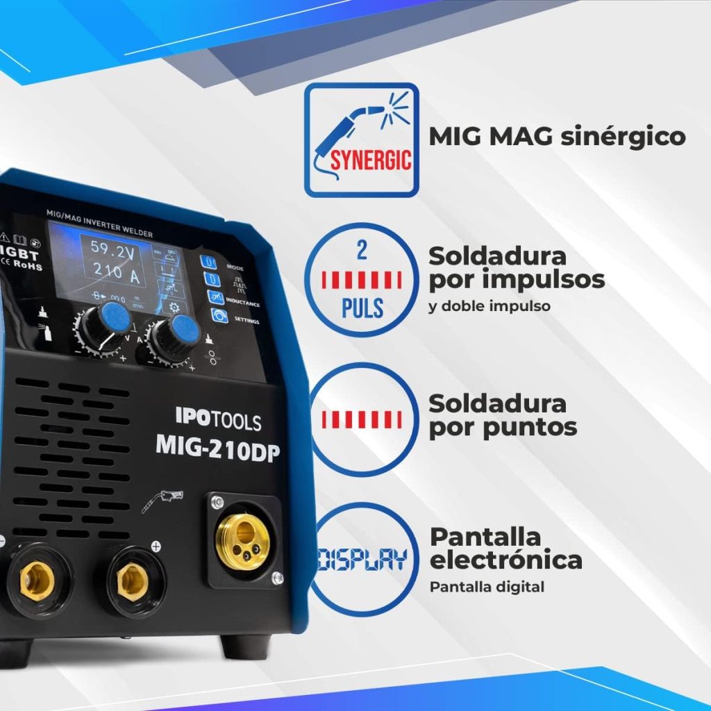 IPOTOOLS MIG-210DP Synergy Double Pulse MIG MAG Welder - Soldador inverter profesional LCD con 210A 230V IGBT, 3 en 1 MIG Flux MMA Electrodes, Máquina de soldar portátil, 7 años de garantía