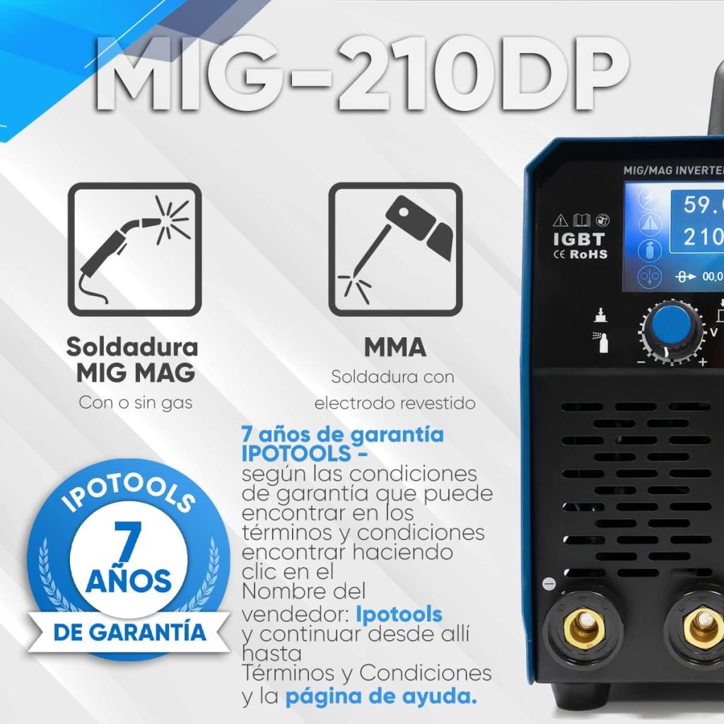 IPOTOOLS MIG-210DP Synergy Double Pulse MIG MAG Welder - Soldador inverter profesional LCD con 210A 230V IGBT, 3 en 1 MIG Flux MMA Electrodes, Máquina de soldar portátil, 7 años de garantía