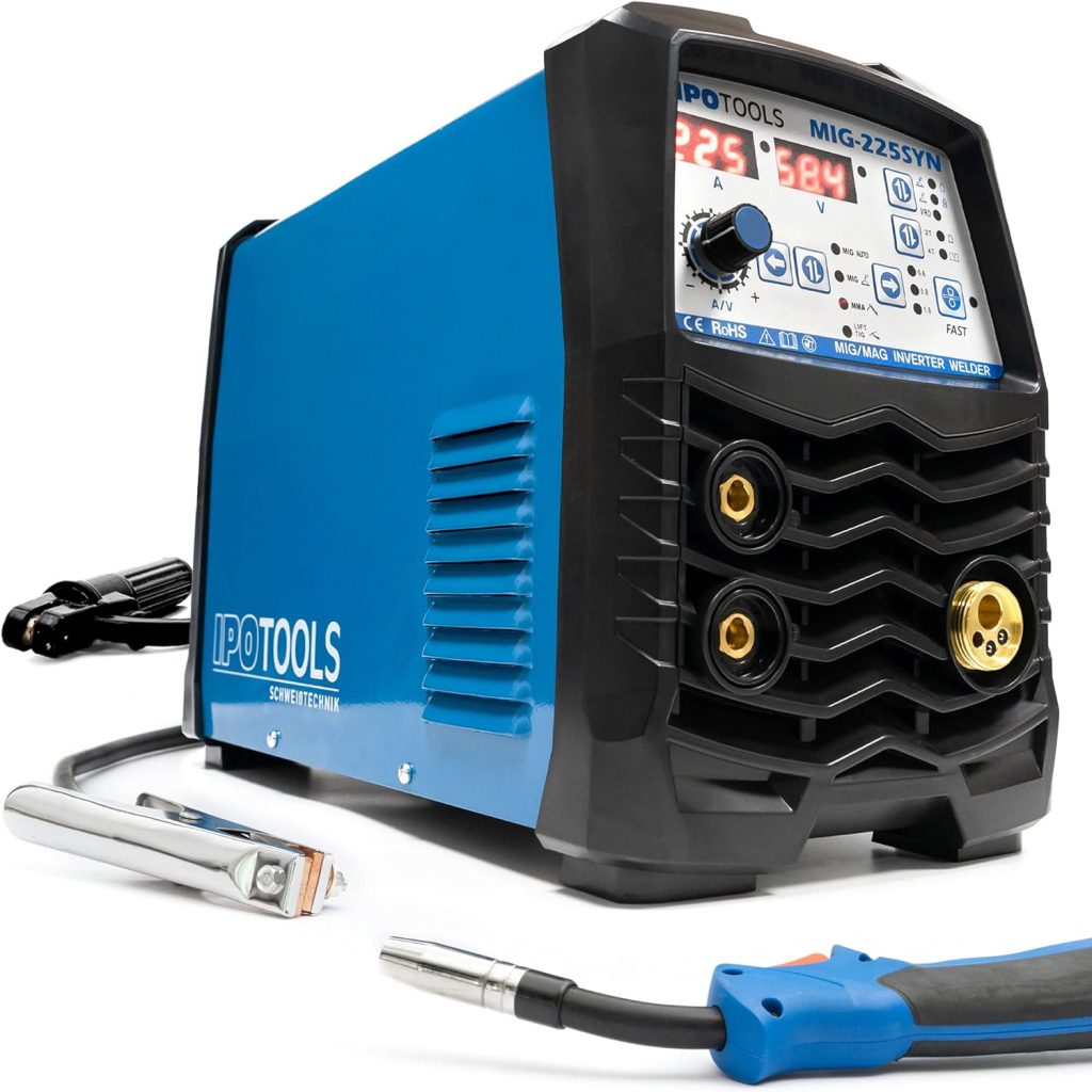 IPOTOOLS MIG-225SYN Maquina de soldar MIG MAG sinérgica - máquina de soldadora de hilo sin gas, MIG sinérgica con 225A 230V IGBT, 3 en 1 MIG Flux, MMA, Soldador inverter, 7 años de garantía