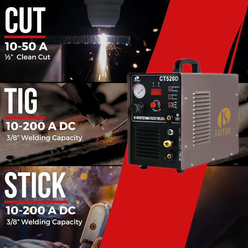 Lotos Plasma cortador soldador TIG Stick 3 en 1 combo máquina de soldadura, 50 A Aire Cortador De Plasma, 200 A TIG soldador/Stick, doble voltaje 220 V/110 V, 1