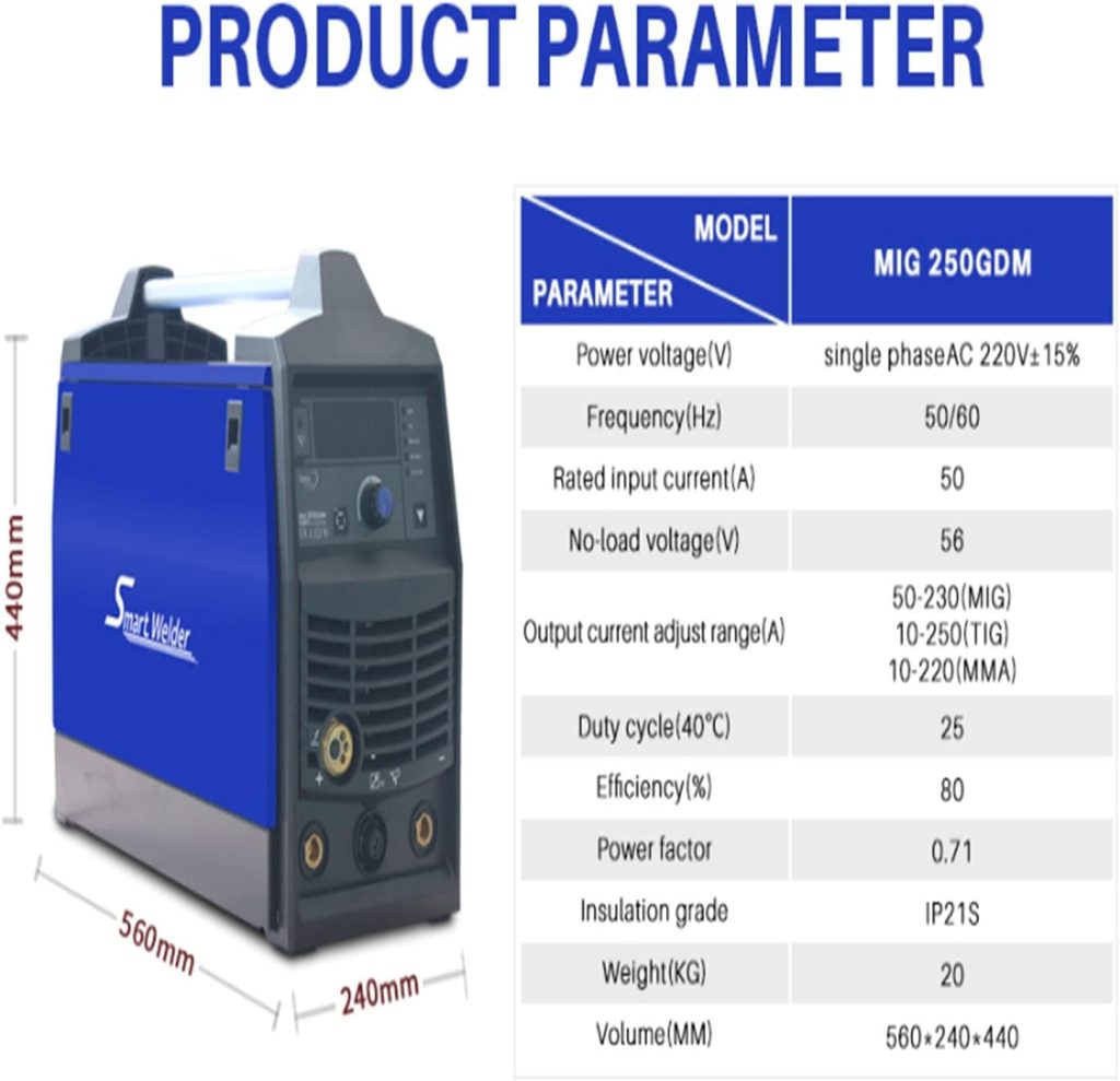 NOALED Soldador Inteligente MIG250GDM monofásico 230V MIG máquina de Soldadura portátil IGBT MIG MMA Soldador eléctrico