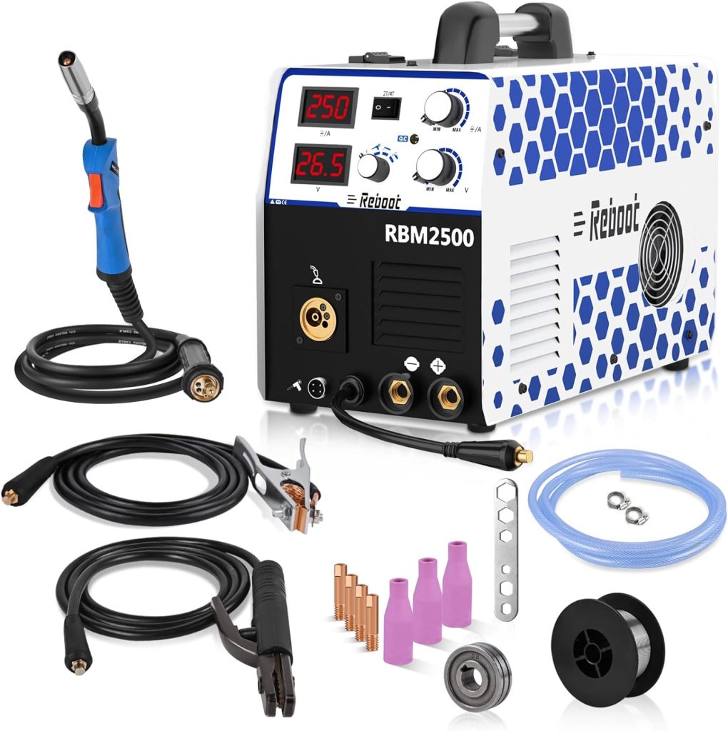 Reboot 250A Soldador Inverter Multiproceso 5 en 1:MIG con gas y sin gas MAG MMA LIFT TIG Pistola De Carrete,soldadura estable Viene con alambre tubular y accesorios de soldadura