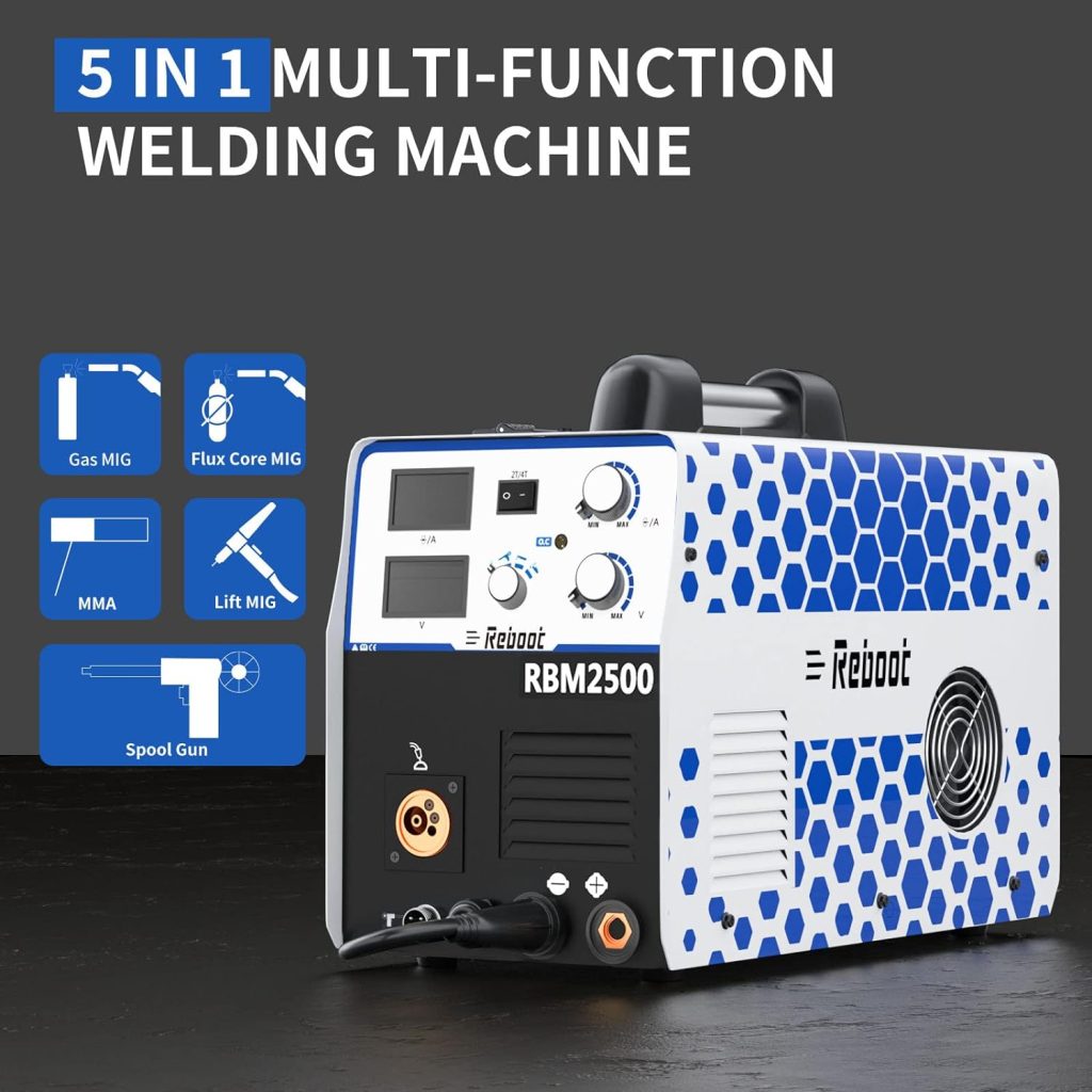 Reboot 250A Soldador Inverter Multiproceso 5 en 1:MIG con gas y sin gas MAG MMA LIFT TIG Pistola De Carrete,soldadura estable Viene con alambre tubular y accesorios de soldadura