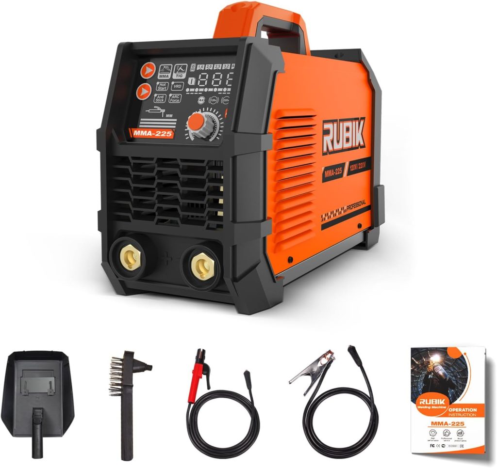 Rubik Soldador de palo, ARC MMA 225Amp Máquina de soldadura eléctrica de mano, IGBT pantalla digital LCD 110V/220V Hot Start 4 en 1 Máquina de soldadura portátil, con cable, soporte de electrodos,