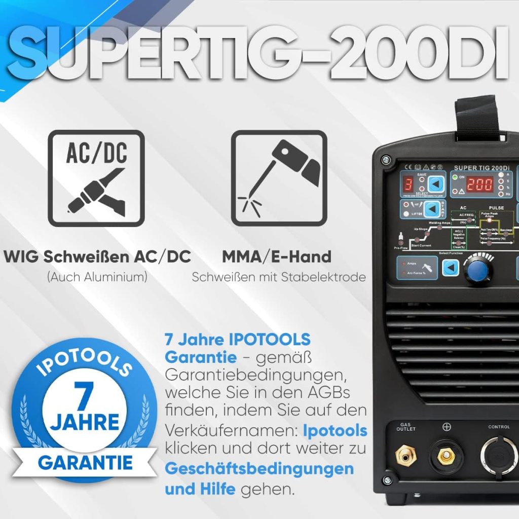 Soldador Inverter TIG IPOTOOLS SUPERTIG 200DI TIG Maquina de Soldar AC DC Unidad de Soldadura con 200 amperios totalmente digital con encendido HF, Función de pulso, MMA, IGBT