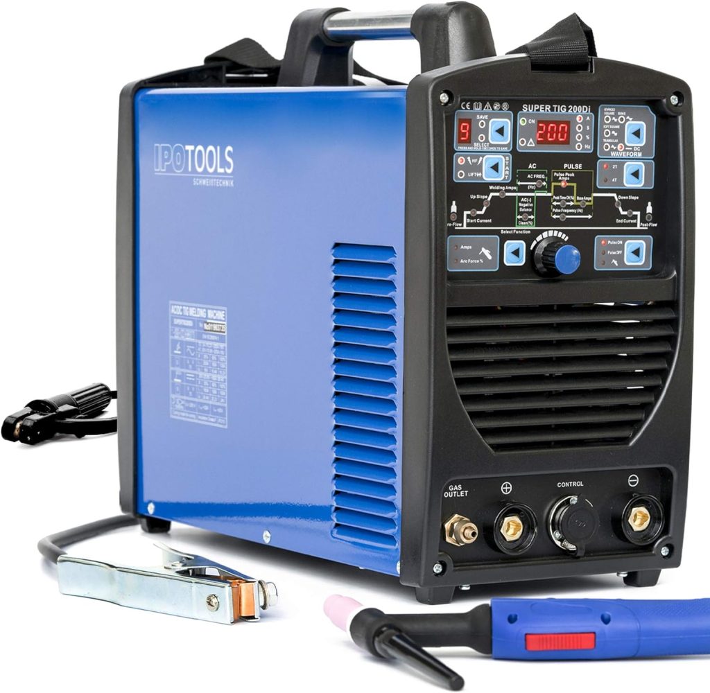 Soldador Inverter TIG IPOTOOLS SUPERTIG 200DI TIG Maquina de Soldar AC DC Unidad de Soldadura con 200 amperios totalmente digital con encendido HF, Función de pulso, MMA, IGBT