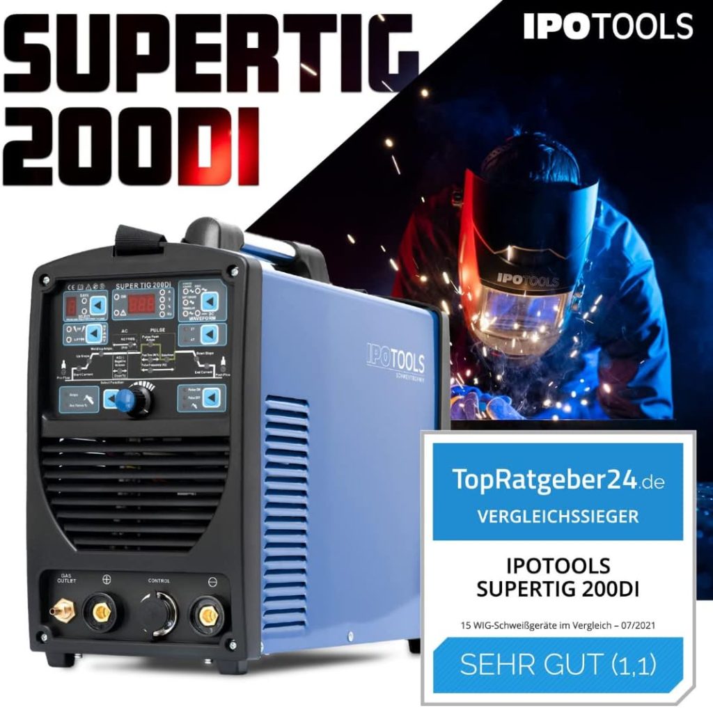 Soldador Inverter TIG IPOTOOLS SUPERTIG 200DI TIG Maquina de Soldar AC DC Unidad de Soldadura con 200 amperios totalmente digital con encendido HF, Función de pulso, MMA, IGBT