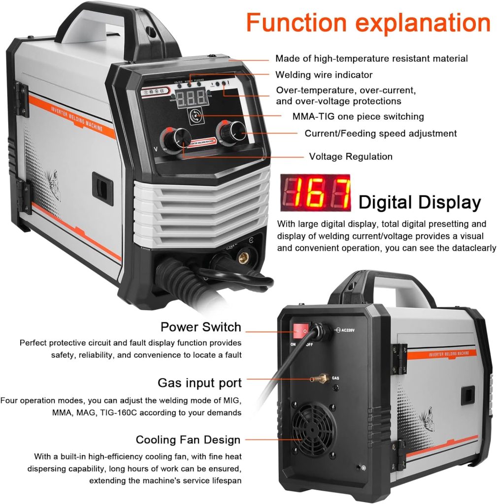 Soldador Inverter, Weytoll Soldadores 4 en 1 MIG MMA MAG TIG-160C, Máquina de Soldadura Eléctrica Portátil Multipropósito, Soldadores Inteligentes