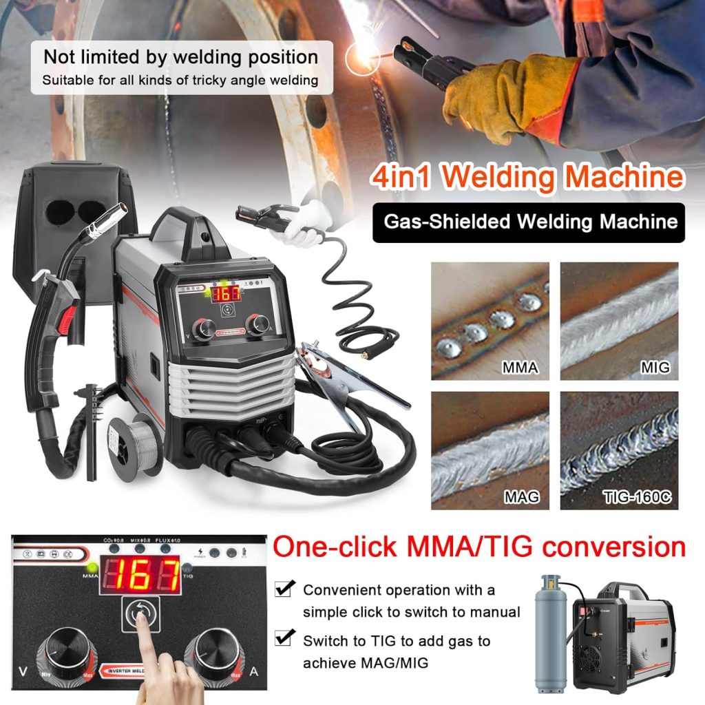Soldador Inverter, Weytoll Soldadores 4 en 1 MIG MMA MAG TIG-160C, Máquina de Soldadura Eléctrica Portátil Multipropósito, Soldadores Inteligentes