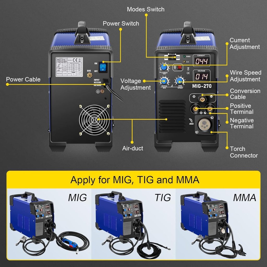 Soldadora MIG portátil, Combo 3 en 1 MMA/MIG/LIFT TIG Máquina de soldadura, Soldadora de núcleo fundente, Máquina de soldadura portátil MIG-200,Máquina de soldadura de gas con alimentación de alambre