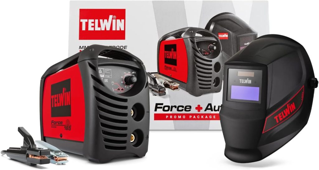 Telwin 815863 Force 165 Soldadora inverter a electrodo MMA con casque de soldadura automático y accesorios para soldadura, 230 V, 4,23 kg, Rojo