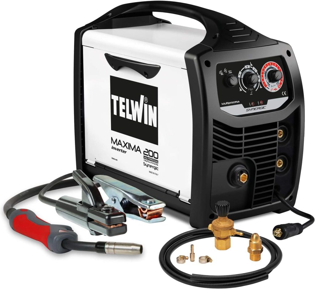 Telwin 816127 Soldadora inverter multiproceso, Máxima 200 con accesorios de soldadura Flux/MMA/Mig-Mag