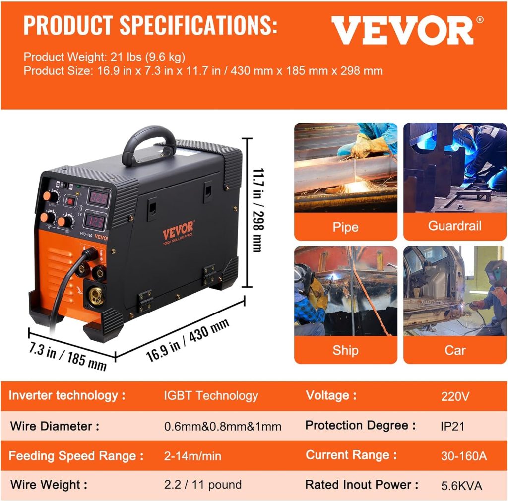 VEVOR 3 en 1 - Estación de soldadura MIG-160 MIG MMA TIG 160A estación de soldadura portátil soldadora inversionista de alambre con relleno máquina de soldadura